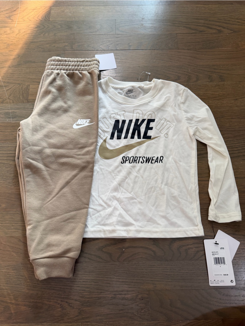 Nike Cream Long-Sleeve Logo Tee with Tan Joggers size 4